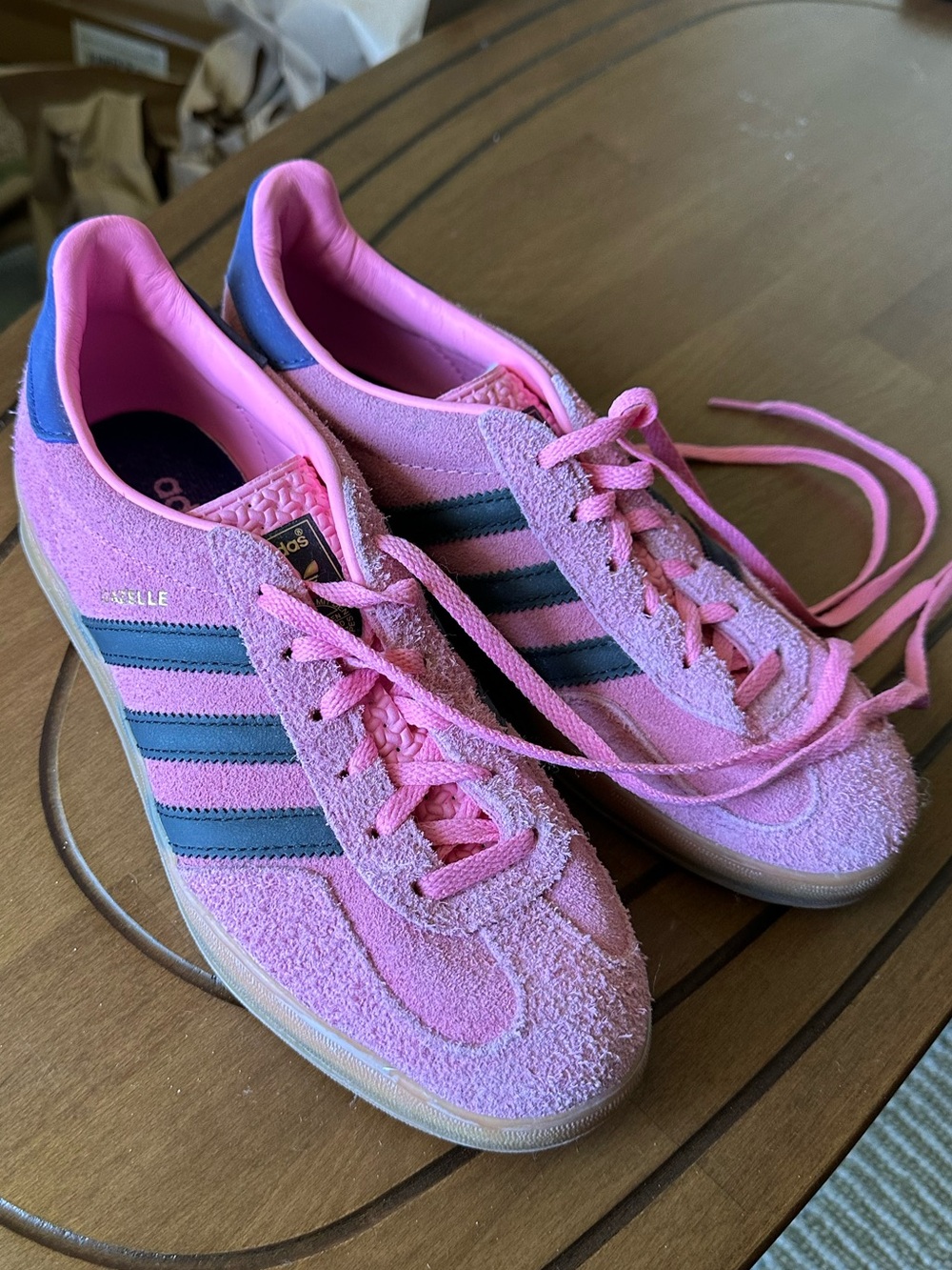 adidas Women’s Gazelle Suede Sneakers - Pink with Navy Stripes